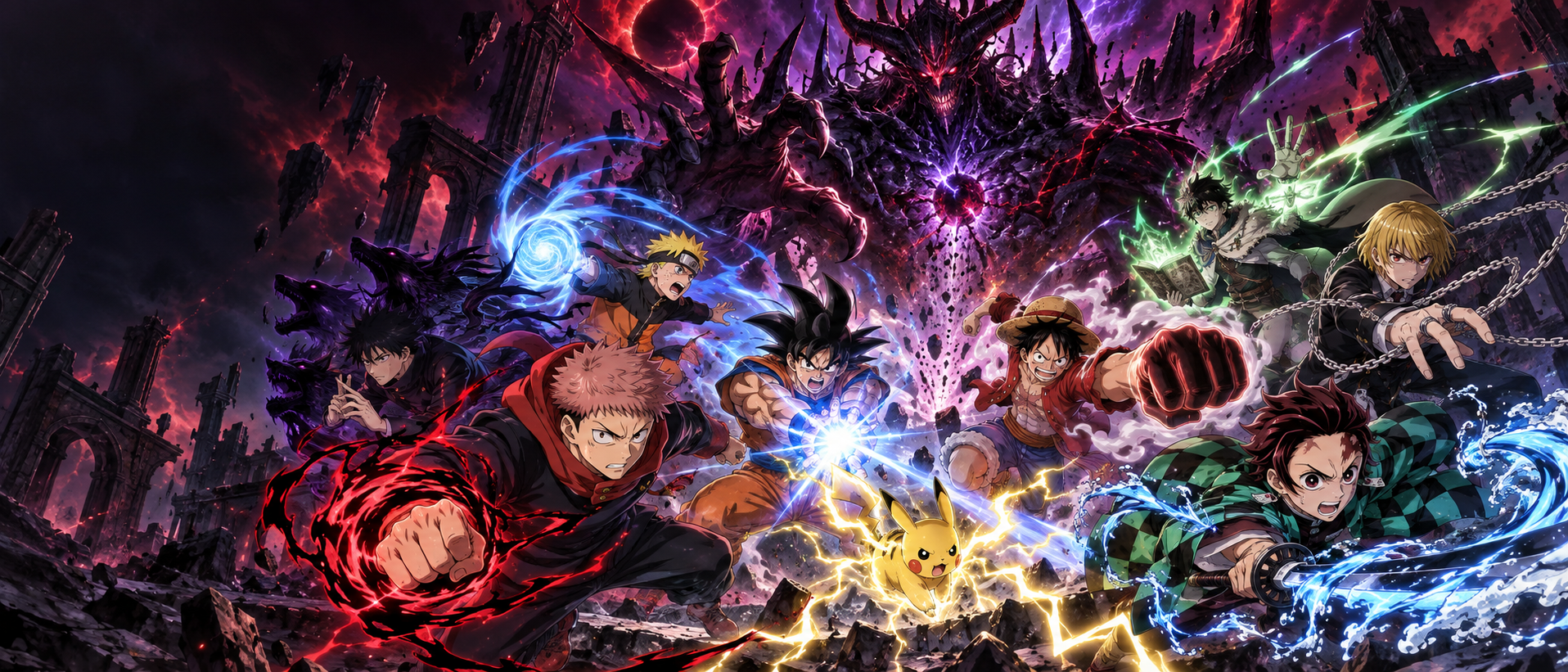 Vários personagens atacando um boss dimensional